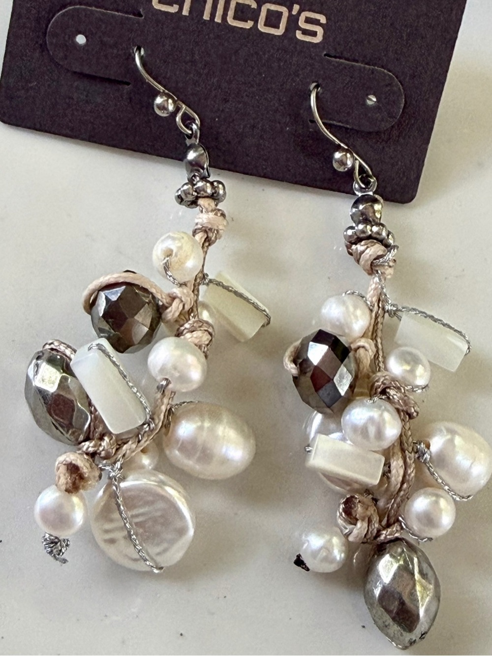 CHICOS Pearl and Metallic Bead Multi-CLUSTER EARRINGS - Cream/Silver-NEW ON CARD